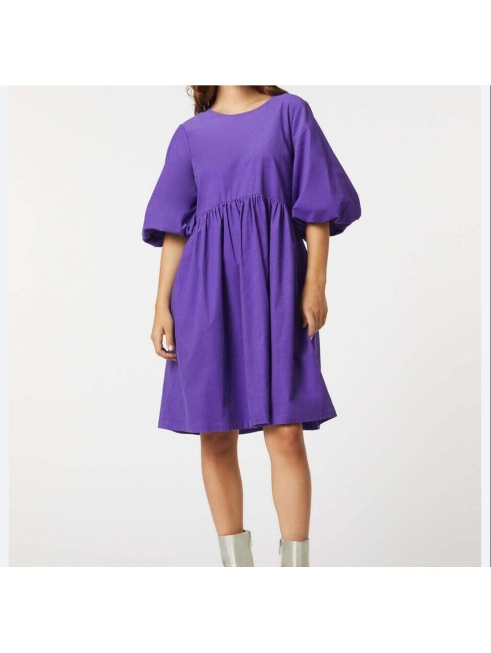 Gorman Bellarina Purple Corduroy Puffy Sleeve Babydoll Dress Pockets Size 14